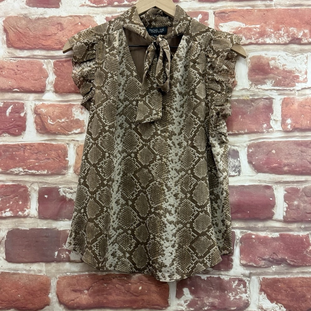 Rachel Zoe Top Women's S Brown Metallic Snakeskin Tie Neck Casual Career Shirt